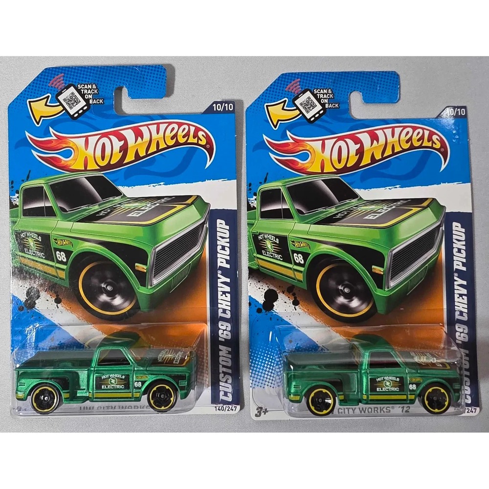 Hot Wheels 2012 HW City Works 10/10 140 Custom '69 Chevy Pickup GREEN Lot of 2